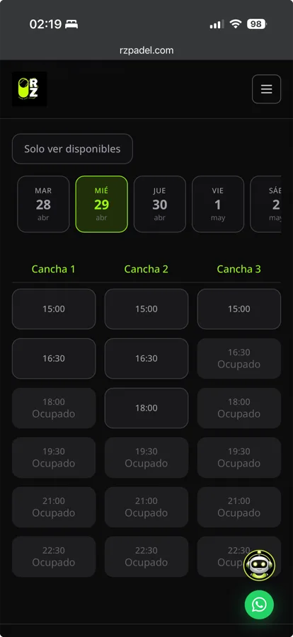 Grilla de horarios de RZ Padel